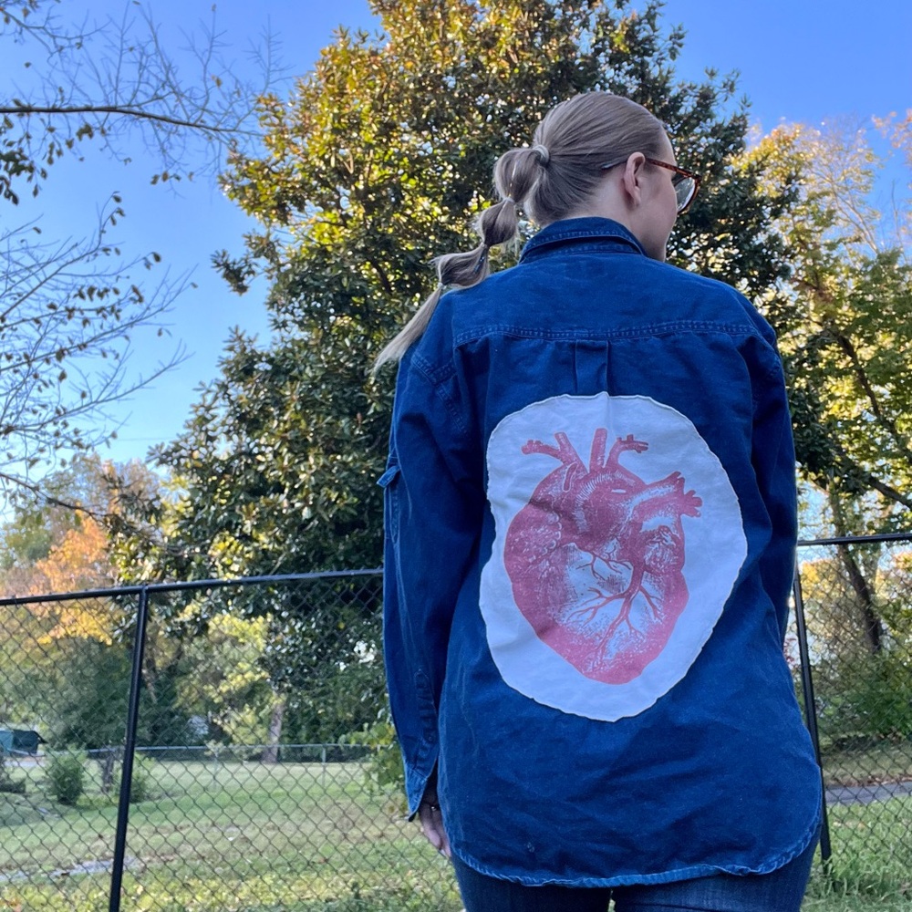 Custom Upcycled Button Up. Vintage Faded Glory Medium. Anatomical Heart.